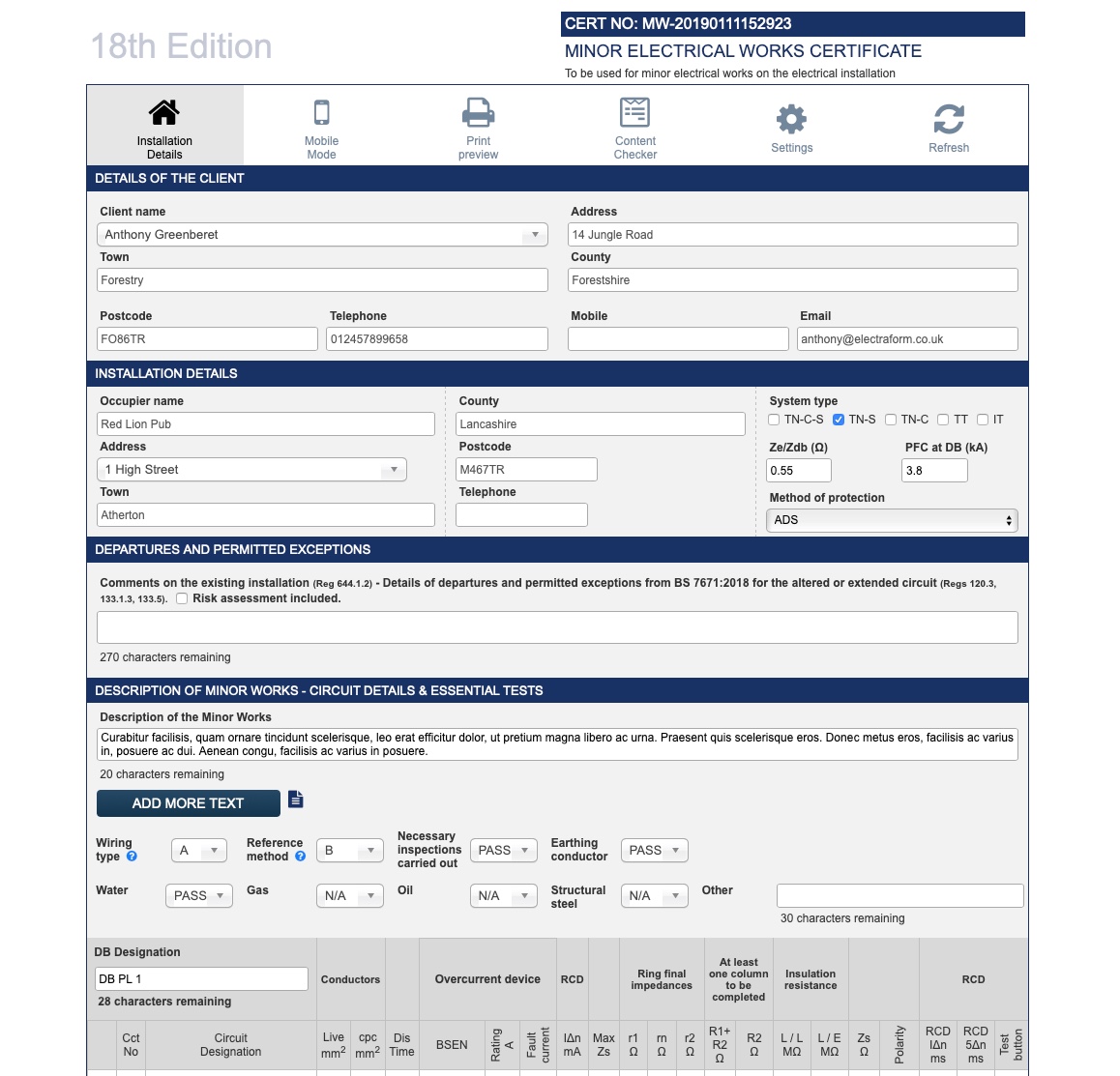 electraform  Landlord information Intended For Minor Electrical Installation Works Certificate Template